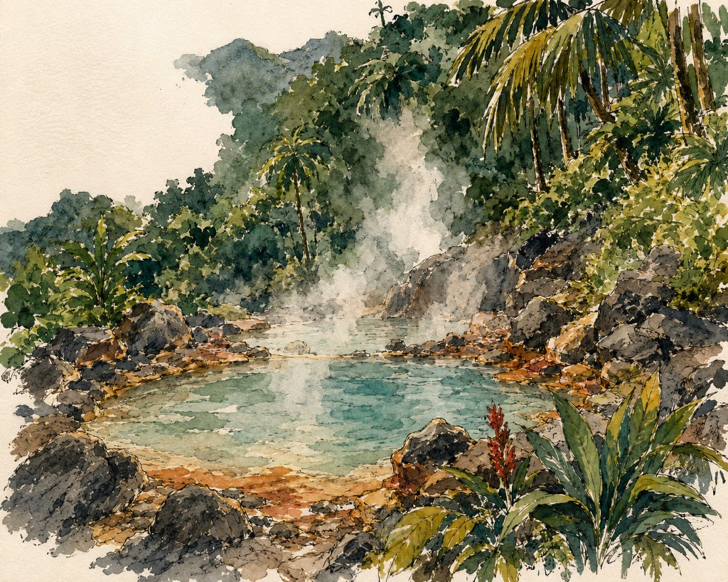 Watercolor of a steaming turquoise hot spring surrounded by tropical forest